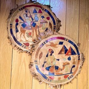 Pair of Vintage Leather Egyptian Theme Camel Pyramids Patchwork Cushions Pillows